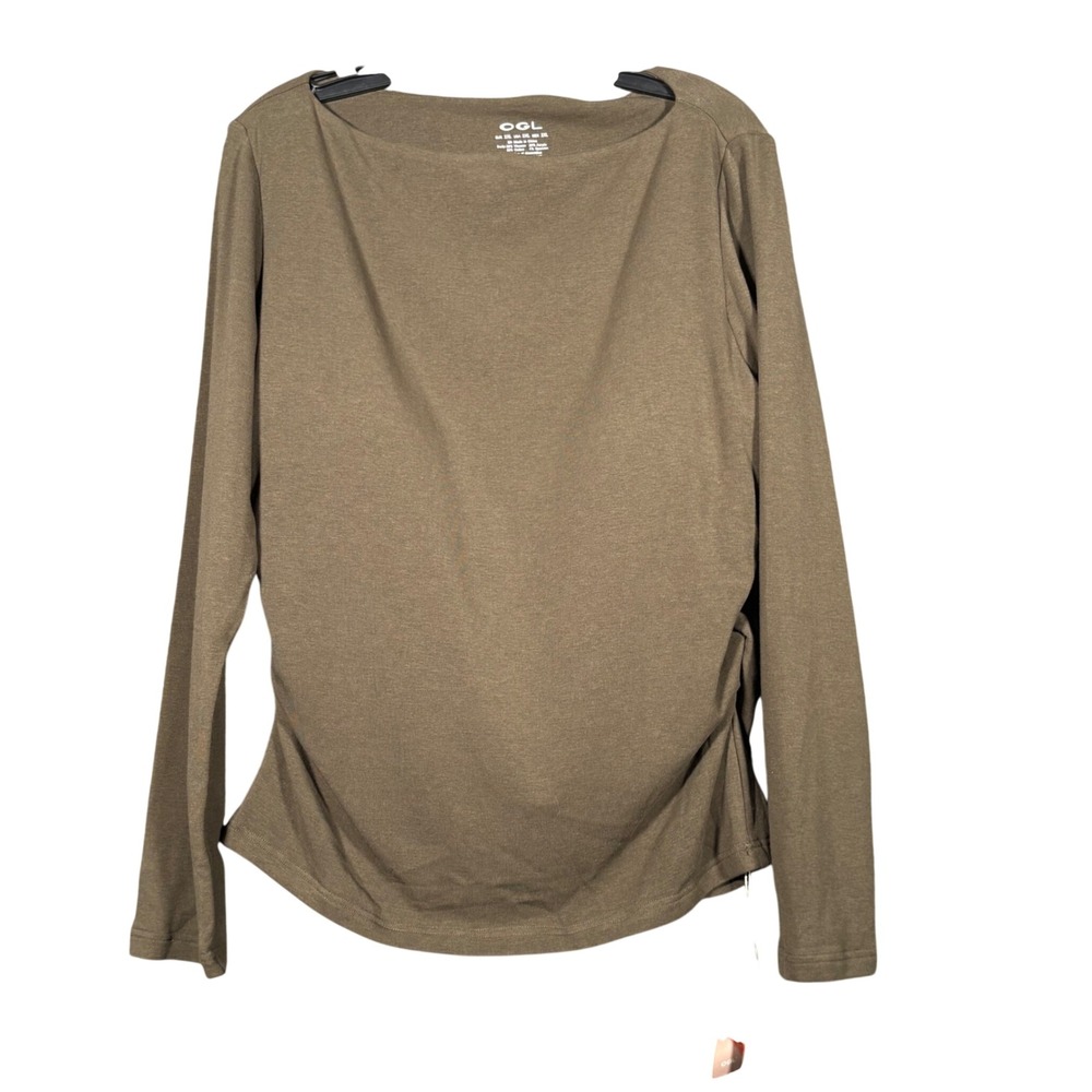 OGL Women Olive Brown Boat Neck Long Sleeve Ruched Side Top Size 2XL
